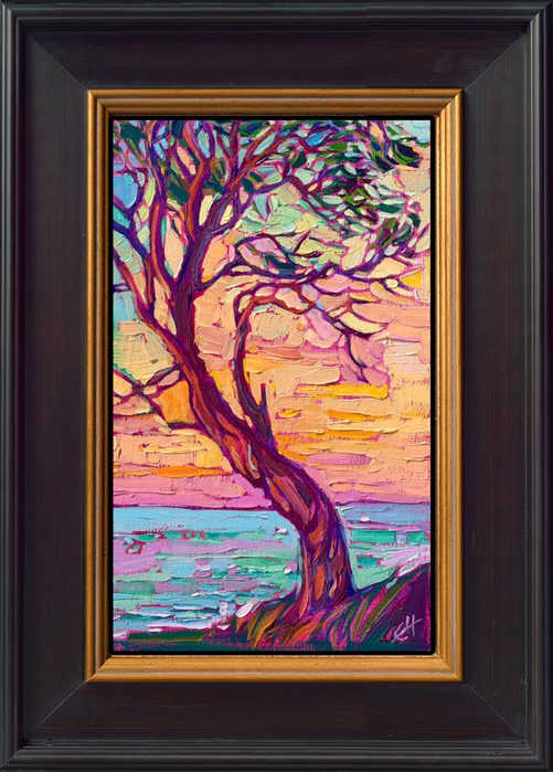 I love painting the shape and color of madrone trees from Washington state. The dark red bark peels, revealing lighter wood underneath, and the entire tree changes color depending on the light. This petite painting captures a beautifully curved madrone tree against the backdrop of Sequim Bay, on Washington's Olympic Peninsula.