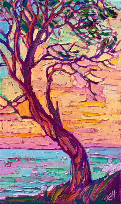 I love painting the shape and color of madrone trees from Washington state. The dark red bark peels, revealing lighter wood underneath, and the entire tree changes color depending on the light. This petite painting captures a beautifully curved madrone tree against the backdrop of Sequim Bay, on Washington's Olympic Peninsula.