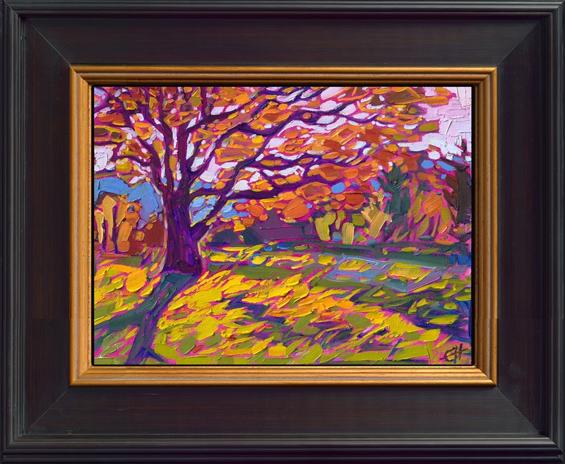 A stately oak tree casts late afternoon shadows across the apple-green, grassy hillside. Peeks of distant blue mountains pop out between the branches of the tree. This painting was inspired by the Blue Ridge Mountains in North Carolina. The brush strokes in this petite oil painting are loose and impressionistic, creating a mosaic of texture and color across the canvas.</p><p>"Maple in Petite" is an original oil painting created on linen board. The piece arrives framed in a black and gold plein air frame, ready to hang.