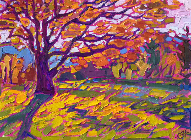 A stately oak tree casts late afternoon shadows across the apple-green, grassy hillside. Peeks of distant blue mountains pop out between the branches of the tree. This painting was inspired by the Blue Ridge Mountains in North Carolina. The brush strokes in this petite oil painting are loose and impressionistic, creating a mosaic of texture and color across the canvas.

"Maple in Petite" is an original oil painting created on linen board. The piece arrives framed in a black and gold plein air frame, ready to hang.