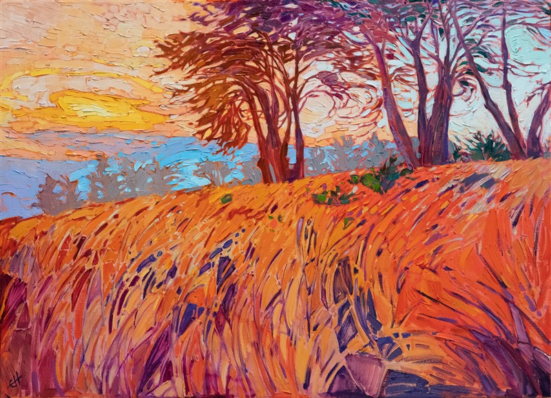 The ever-prevalent fog bank in Mendocino, which keeps the cypress trees hydrated and happy, settled back towards the ocean, allowing me to capture these trees in the last rays of sunset. The long grasses in the foreground turned burnt orange and apple red in the fading light. This open impressionist painting was created with thickly applied brush strokes laid side-by-side without layering. The texture of the painting creates an added sense of movement and dimension within the painting.

"Mendocino Cypress" was created on 1-1/2" canvas, with the painting continued around the edges. The piece arrives framed in a contemporary floater frame finished in 23kt gold leaf.
