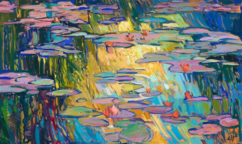 Ever since visiting Monet's water lily pond in Giverny last year, I have had visions of changing light and reflected trees dancing in my head. I wanted to capture the beautiful colors of daylight during the golden hour in this oil painting of Monet's garden. Thick, impressionistic brush strokes convey a sense of movement to the painting.