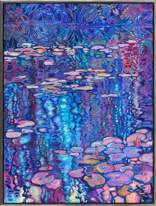 Monet's water lily garden continues to inspire me every time I look at the photos I took in Giverny. I love the moody color palette of this painting, with royal blues mixed with lavish purple and spots of mauve. Thick brush strokes of oil paint capture the waving reflections in the still water.