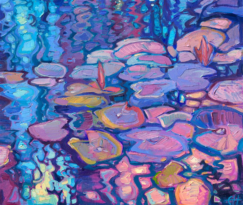 Monet's water lily garden continues to inspire me every time I look at the photos I took in Giverny. I love the moody color palette of this painting, with royal blues mixed with lavish purple and spots of mauve. Thick brush strokes of oil paint capture the waving reflections in the still water.