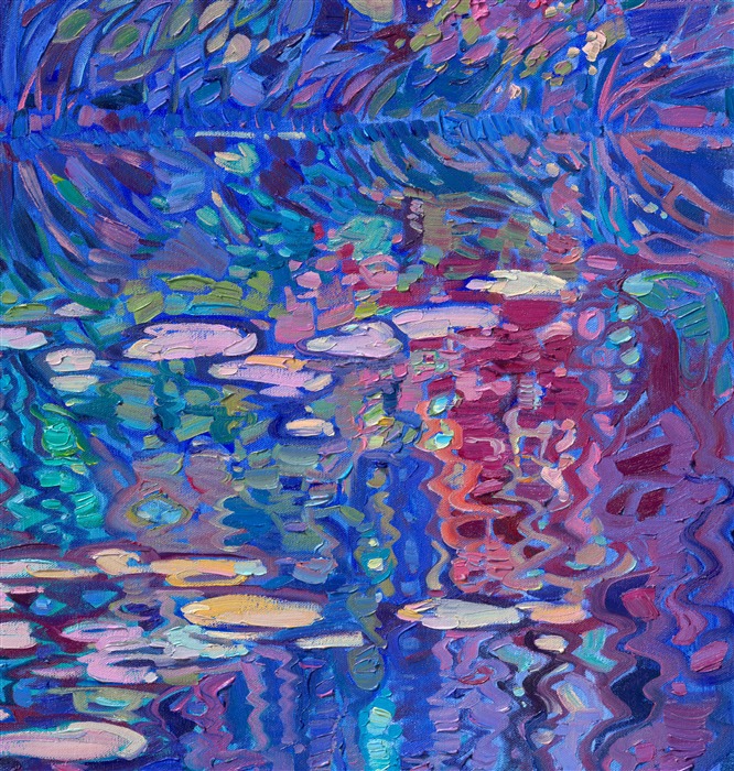 Monet's water lily garden continues to inspire me every time I look at the photos I took in Giverny. I love the moody color palette of this painting, with royal blues mixed with lavish purple and spots of mauve. Thick brush strokes of oil paint capture the waving reflections in the still water.