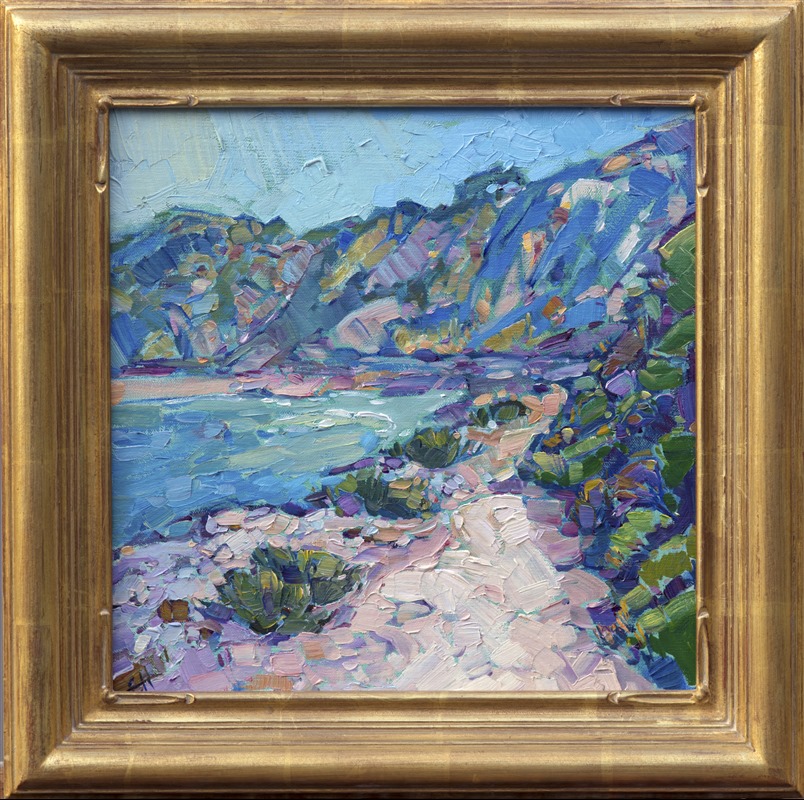 This painting of Palos Verdes brings back memories of an early morning stroll along a quiet beachside. The cool shadows are an inviting contrast against the warm white sand. The painting has evocative, energetic brush strokes that form a mosaic of color across the canvas.</p><p>This painting arrives framed in a Mayen Olson hand-carved frame, ready to hang.