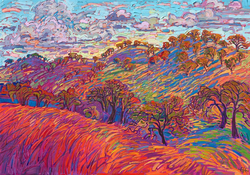 California oak trees dance across the grassy sides of Mount Diablo. Long purple and blue shadows follow the contours of the rolling hills. The brush strokes are thick and impressionistic, creating a mosaic of color and texture across the canvas.