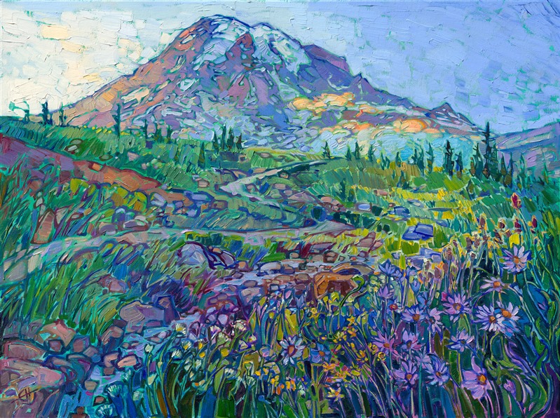 The trail to the summit of Mt Rainier is one of the most beautiful hikes I've ever done. Lush grasses and abundant wildflowers blanket the landscape in greens and pops of color. The peak of Mt Rainier looms above, larger than I can possibly capture on a canvas, golden clouds of fog clinging to the sides of the mountain. I used thick brush strokes of oil paint laid side-by-side on the canvas to capture the strong shapes and texture of the mountain. Delicate blooms in lavender, white, and yellow set off the foreground.