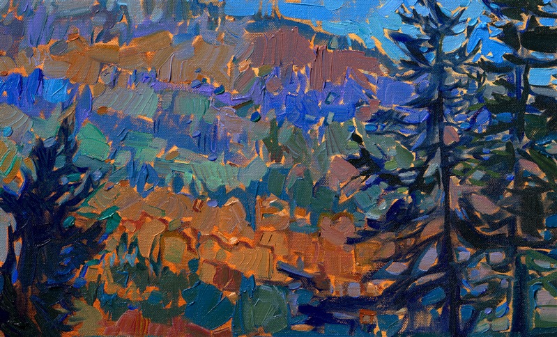 I found the inspiration for this painting while driving through the Willamette Valley wine country, taking photos of vineyards at peak fall color. It had been a rainy, overcast day, but the clouds parted an hour before sundown, and I could see all the way to Mt. Hood. As the last rays of sunlight illuminated the landscape, Mt. Hood was colored pink and yellow against a darkening green sky.