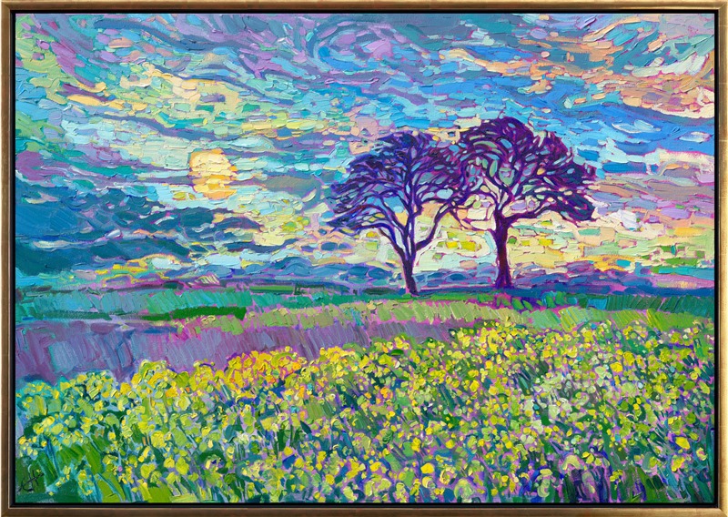 This painting captures a pair of oak trees standing above a field of mustard flowers in Oregon's Willamette Valley. Oregon's countryside is not only home to beautiful vineyards, but also flower fields, mustard plants, and hazelnut groves. This scene is captured with thick, impasto brush strokes laid side-by-side without layering, in Erin Hanson's iconic Open Impressionism style.