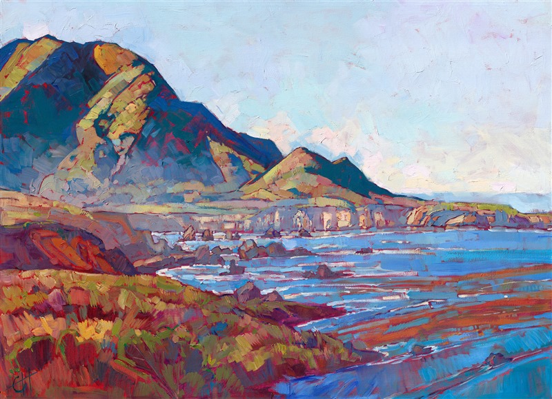 Driving south along the 1 highway, from Santa Cruz to Cambria, the artist felt proud to be a Californian. The colors were pure and clean, a lingering mist bringing out the beauty of the atmosphere. This painting captures the fresh feeling of standing on a cliff overlooking the early morning oceanside.