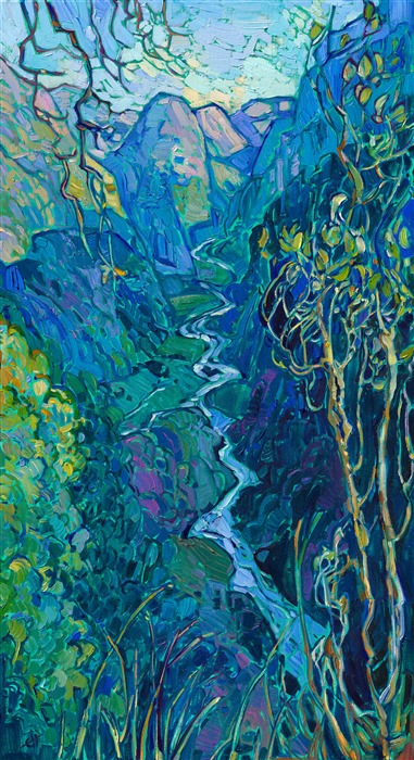 Naeroydalen is a popular valley in Norway that has spectacular and dramatic cliffs. This painting captures the rich colors and dramatic view from Stalheim Hotel, which is perched high on the side of the mountain and is only accessible via steep switchbacks. Thick brushstrokes of oil paint laid side by side on a viridian-toned canvas create a mosaic of color and texture that keeps the eye roaming through the piece.