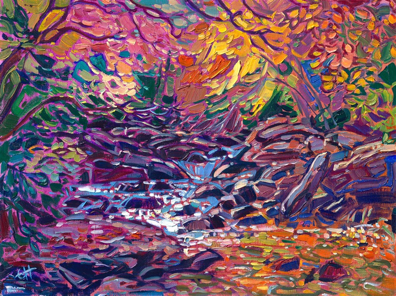 This painting captures the beauty of autumn on the east coast, inspired by a leaf-peeping adventure from Maine to North Carolina. The cool tones of the bubbling brook are beautifully contrasted by the overhanging maple and oak trees.

"New England Waters" is an original oil painting on linen board, done in Erin Hanson's signature Open Impressionism style. The piece arrives framed in a wide, mock floater frame finished in black with gold edging.

This piece will be displayed in Erin Hanson's annual <i><a href="https://www.erinhanson.com/Event/petiteshow2023">Petite Show</i></a> in McMinnville, Oregon. This painting is available for purchase now, and the piece will ship after the show on November 11, 2023. 