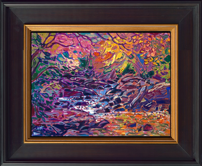 This painting captures the beauty of autumn on the east coast, inspired by a leaf-peeping adventure from Maine to North Carolina. The cool tones of the bubbling brook are beautifully contrasted by the overhanging maple and oak trees.</p><p>"New England Waters" is an original oil painting on linen board, done in Erin Hanson's signature Open Impressionism style. The piece arrives framed in a wide, mock floater frame finished in black with gold edging.</p><p>This piece will be displayed in Erin Hanson's annual <i><a href="https://www.erinhanson.com/Event/petiteshow2023">Petite Show</i></a> in McMinnville, Oregon. This painting is available for purchase now, and the piece will ship after the show on November 11, 2023. 
