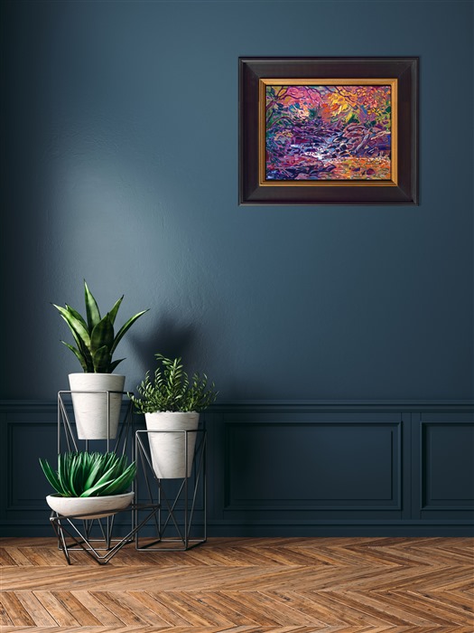 This painting captures the beauty of autumn on the east coast, inspired by a leaf-peeping adventure from Maine to North Carolina. The cool tones of the bubbling brook are beautifully contrasted by the overhanging maple and oak trees.</p><p>"New England Waters" is an original oil painting on linen board, done in Erin Hanson's signature Open Impressionism style. The piece arrives framed in a wide, mock floater frame finished in black with gold edging.</p><p>This piece will be displayed in Erin Hanson's annual <i><a href="https://www.erinhanson.com/Event/petiteshow2023">Petite Show</i></a> in McMinnville, Oregon. This painting is available for purchase now, and the piece will ship after the show on November 11, 2023. 