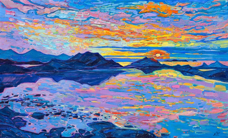 Colorful, impressionistic brush strokes capture the majesty of Norway in this Open Impressionism painting by Erin Hanson. Delicate hues of an October sunset are reflected in the still waters of Norway's unique coastline.