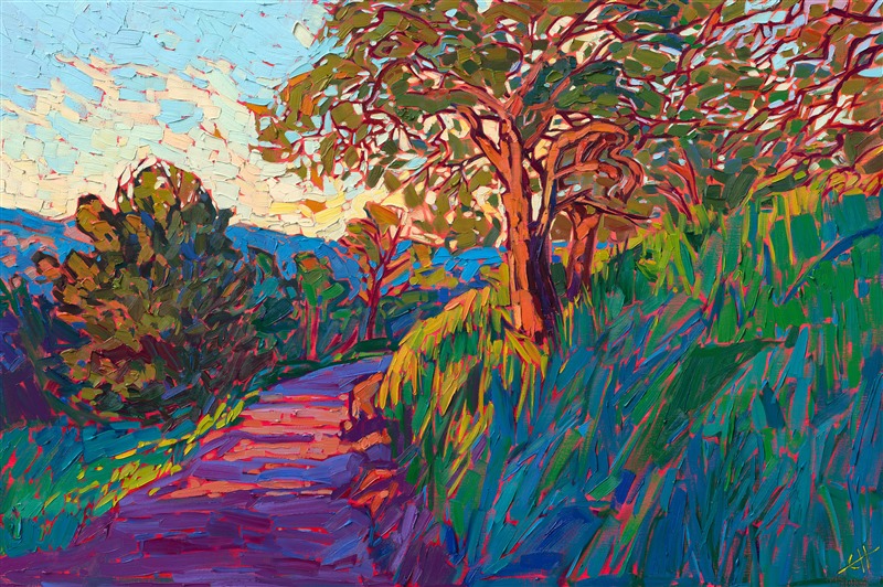 Dashing colors and bold brush strokes capture the vibrant hues of California's wine country in the spring time. This impressionist oil painting is alive with color and movement.

"Oaken Road" was created on 1-1/2" deep linen canvas. The piece arrives framed in a contemporary gold floater frame, ready to hang.