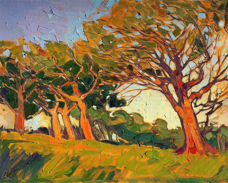 Rich emeralds contrast against the burning glow of sunset's last light.  The darkening sky will quickly overcome the light, casting the oaks into nightfall.  

This time of day is the magic hour for inspiring impressionistic paintings.  The surreal orange glow of the sun can be captured in vivid brush strokes that unashamedly claim the boldest color hues.  The loose brush strokes are used to capture that sense of immediacy in the landscape, the sense of wonderment of seeing such beautiful colors for such a fleeting moment.

Following in the footsteps of the modern impressionists, Hanson uses color to create an emotional impact on the viewer. The longer you behold the painting, the more detail you see, and the further you can drift into your own imagination.

This original oil painting was created on 3/4" canvas and arrives already framed in a classic gold frame, ready to hang.  This painting is currently available through The Erin Hanson Gallery in Los Angeles.  Please contact us to see additional photos of the painting with its frame.
