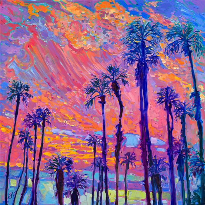 Palm Springs has some of the most beautiful sunsets I've ever seen. This painting captures the magical light when the whole world becomes saturated in hues of pink and orange. My impasto style of painting has a painterly, impressionistic look, as I lay my brush strokes side by side without layering or blending on the canvas. 