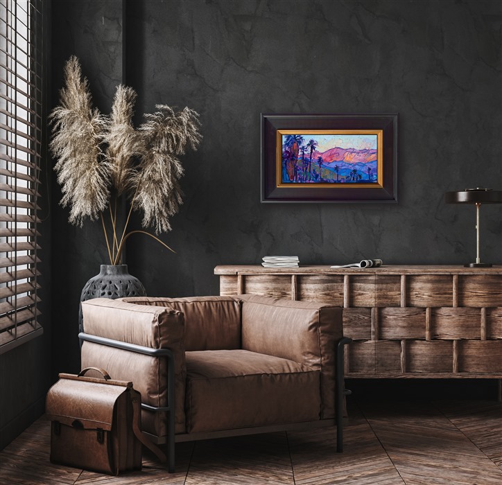 This petite painting captures the wide expanse of the California desert with painterly, expressive brushwork that draws you in and makes you part of the scene. The palm trees evoke the very essence of Palm Springs and the Coachella Valley.