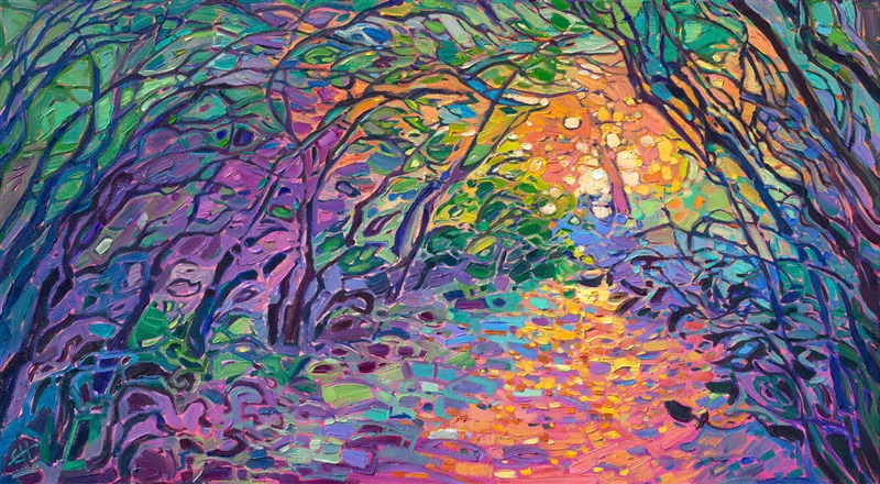 I discovered this arbor of trees when exploring landscapes to paint during the golden hour in Sequim Bay, Washington. The late afternoon sunlight glowed orange and pink at the end of the tunnel, an appealing contrast to the green pines and madrones. Thick brush strokes of impressionistic color illuminate the canvas with the movement of light. 