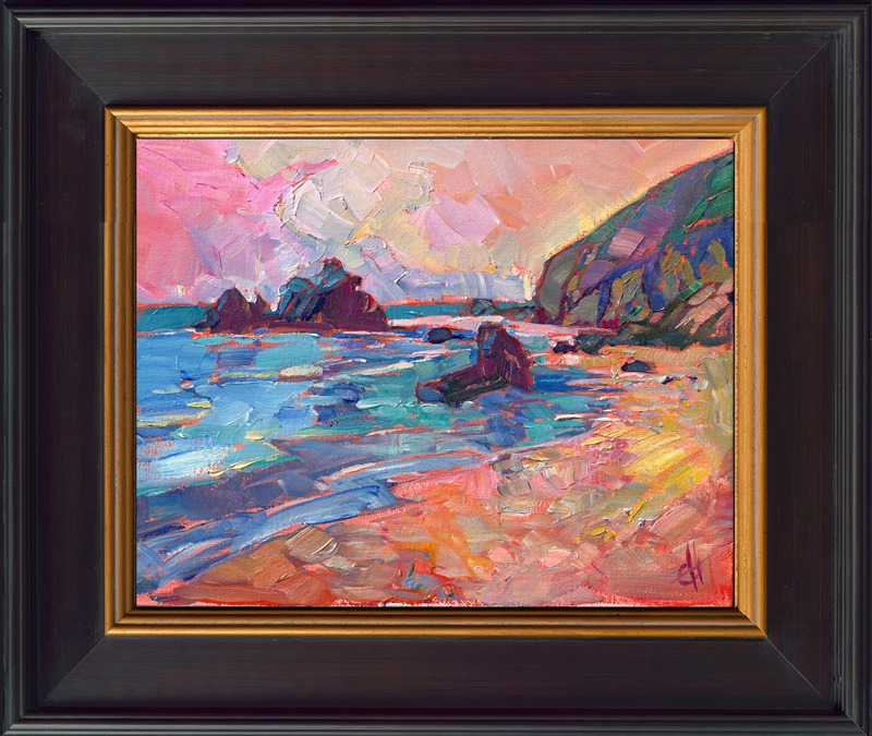 Peach colored light casts its hue across this rocky beach of central California.  The brush strokes in this painting are loose and impressionistic, full of color and motion.</p><p>This small oil painting arrives framed and ready to hang.