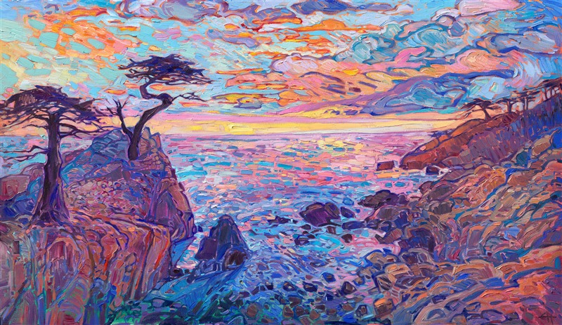 Lone Cypress is probably the most famous tree on the west coast. This single cypress tree growing out of a rocky outcropping over the Pacific Ocean gets almost a million visitors every year. This painting captures the stalwart cypress in hues of glowing sunset.