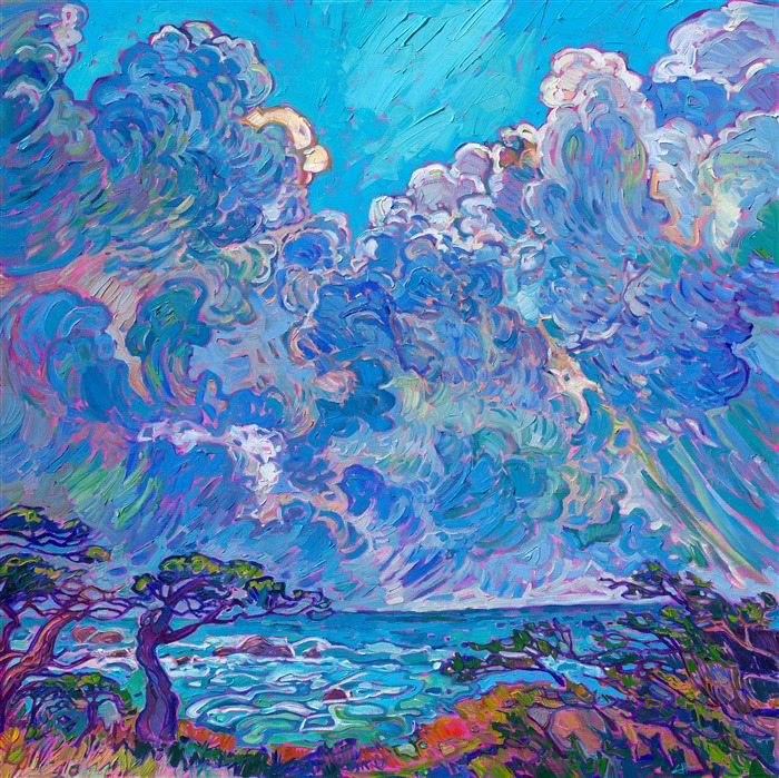 Point Lobos State Park is captured in hues of cobalt and ultramarine. Large clouds fill the sky, towering into the heavens. Monterey cypress trees cling to the rocky shoreline, drinking in the sea-laden air. Thick brush strokes of oil paint laid side by side make the painting come alive with texture and movement.