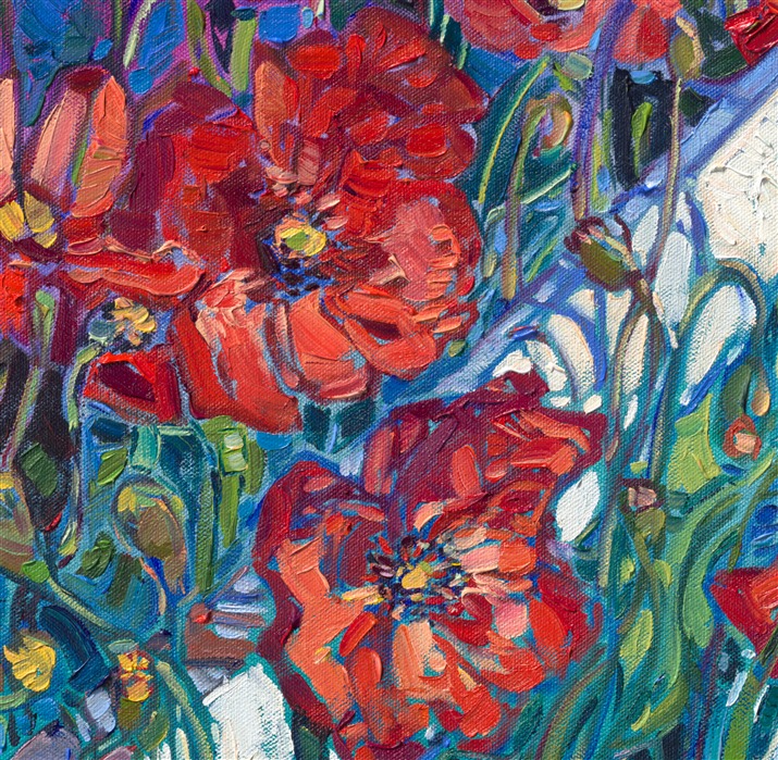 I returned to Sequim this year to photograph Washington’s lavender fields again, but foremost on my mind was finding a field of red poppies growing beside the lavender—a scene I had painted several times from photographs I’d taken a decade ago.</p><p>When I returned to the same location, I discovered the poppies had been replaced by Shasta daisies. I did, however, find one small patch of red poppies still remaining, growing tenaciously beneath a white picket fence bordering the lavender field. I loved the way the red poppies contrasted with the white fence—and this painting was born.