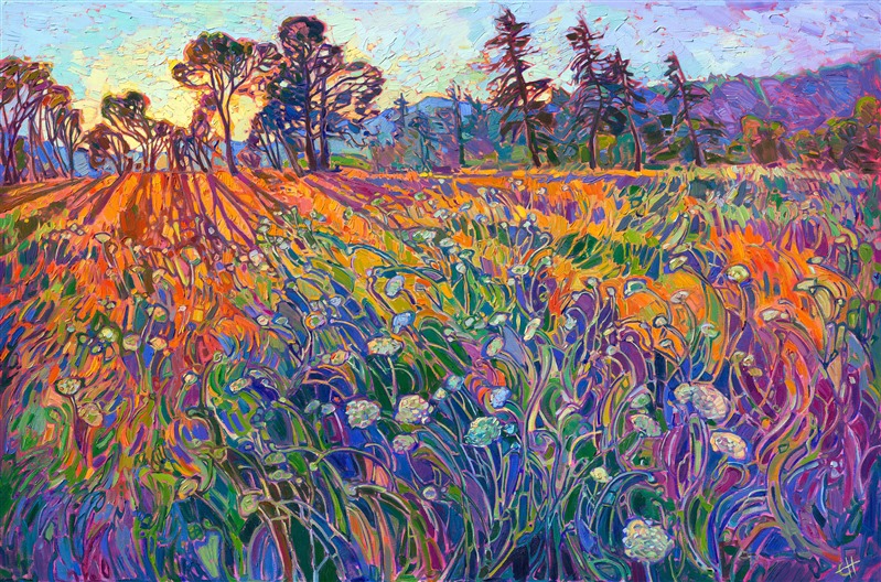 Waving fields of Queen Anne's lace, wildflowers, and long summer grasses draw the eye into radiating shadows of this Open Impressionism painting by Erin Hanson. Thick brushstrokes of oil paint create patterns of texture that keep the eye moving throughout the painting. This painting captures the golden hour light in the Oregon countryside.