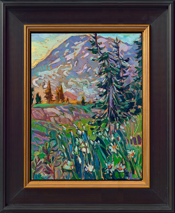 Hiking up to the peak of Mt Rainier, the thought that kept haunting me the entire day was, "How am I going to capture the grandeur and overwhelming scale of this mountain?!" This is a petite painting that still manages to re-create the immense size of Mt Rainier and how the peak seems to feel your entire field of vision when you are standing below the peak.