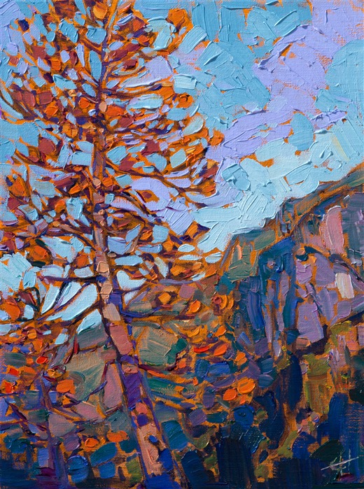 Please note: This painting will be on display at the St George Art Museum during the fall of 2016, in celebration of the National Park's centennial.  You may purchase this painting, but it will not be available to ship until after the exhibition.  Please contact the artist for more information.

This painting was inspired by Yosemite National Park. This stately pine tree was the color of burnished copper, a beautiful contrast against the distant purple-green cliffs.  The painterly brush strokes are alive with motion, creaitng a mosaic of texture across the canvas.

This oil painting was done on 1/4" canvas-wrapped board. The painting has been framed in a classic plein air frame.