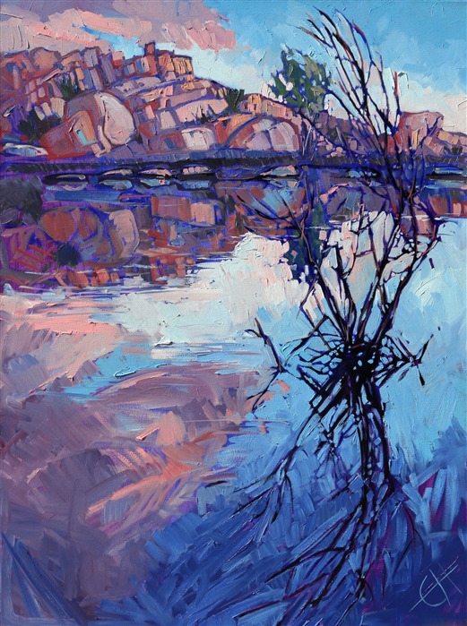 Barker Dam at Joshua Tree National Park is an oasis of color during the early dawn.  The vibrant colors of the early light casts its hue across the granite rock formations, lighting them with fire.  The still waters of the dam capture perfect reflections of the surrounding desertscape.

This painting was created on gallery-depth canvas, with the edges painted around the sides.  The painting arrives framed in a beautiful hardwood floater frame, ready to hang.