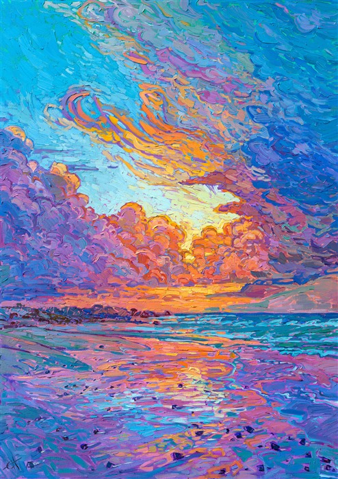 Rich hues of sunset reflect off the wet sand in this painting of Monterey, on the California coast. The impasto brush strokes are loose and expressive, capturing the vivacity and movement of the scene. In her style of Open Impressionism, Erin Hanson tries to not overlap her brush strokes when painting, getting each stroke right the first time without blending. This gives her impressionist paintings of sunsets and coastlines a bright and painterly feel, without any muddy colors.

The piece will be displayed at Erin Hanson's solo museum show <i><a href="https://www.erinhanson.com/Event/AlchemistofColor" target="_blank">Erin Hanson: Alchemist of Color</i></a> at the Channel Islands Maritime Museum in Oxnard, California. You may purchase this painting now, but the piece will not be delivered until after the show ends on December 28th, 2023.

"Reflections of Color" is an original oil painting on stretched canvas. The piece arrives framed in a contemporary gold floater frame finished in 23kt gold leaf.