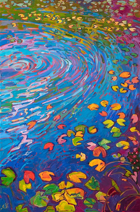 Ripples of color dance through this pond of lily pads. Thick brush strokes of paint highlight the contrasting hues and movement of the waters.

"Ripples of Light" was created on 1-1/2" canvas, with the painting continued around the edges. The piece arrives in a contemporary gold floater frame.