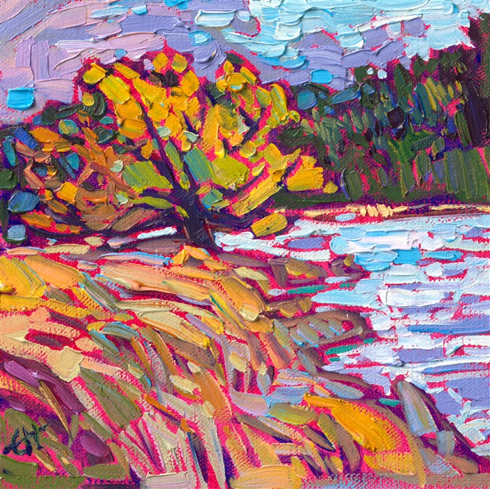 This miniature painting captures the beauty of the northwest in summer: golden fields of sun-burnt grass against dark evergreen mountains, with a river reflecting the bright blue sky running between.</p><p>"River Run" is an original oil painting on linen board. The piece arrives framed in a mock floater frame in black and gold.