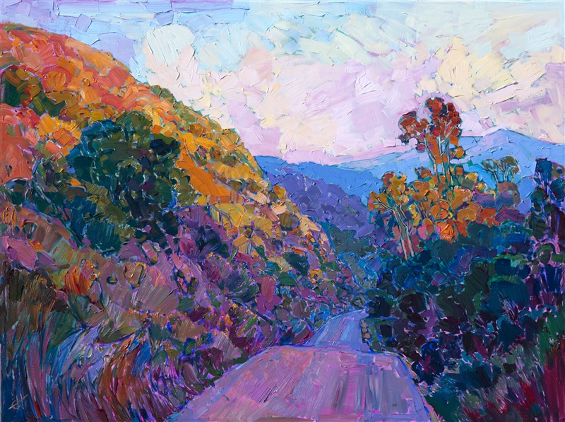Rolling hills in Carmel Valley catch the last rays of the setting sun in this landscape painting.  The impressionistic brush strokes create a sense of motion and glimmering light.  The distant mountains are rich with color, contrasting against the warmth of the eucalyptus trees and hillside.

This painting was done on 3/4" canvas, and the piece has been framed in a traditional gilded Impressionist frame, wired and ready to hang.