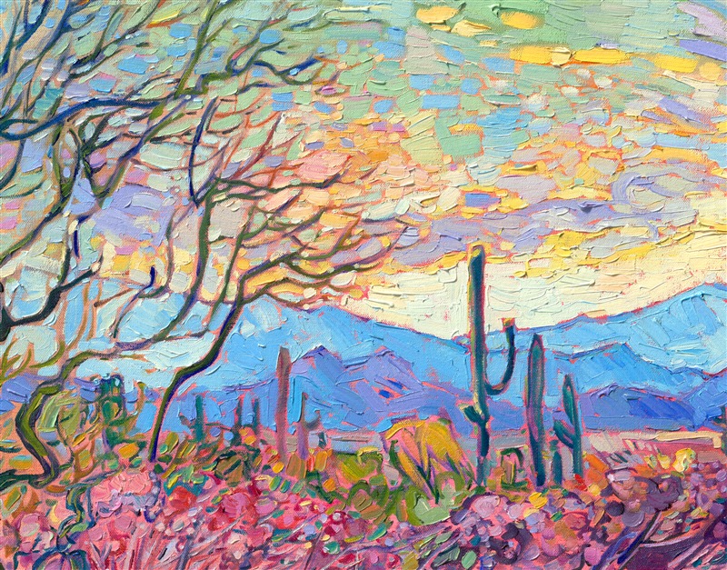Saguaro National Park is one of my favorite places to visit in Arizona. The towering cacti, blooming scrub, and ocotillo are so beautiful in the early morning light. This painting captures my love for the desert with thick, impressionistic brushstrokes of oil paint that create a mosaic of texture and light across the canvas. In my Open Impressionist technique, I try not to overlap my brushstrokes, which keeps my paintings fresh and painterly.