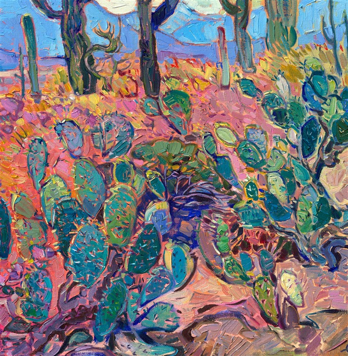 Saguaro National Park is one of my favorite places to visit in Arizona. The towering cacti, blooming scrub, and ocotillo are so beautiful in the early morning light. This painting captures my love for the desert with thick, impressionistic brushstrokes of oil paint that create a mosaic of texture and light across the canvas. In my Open Impressionist technique, I try not to overlap my brushstrokes, which keeps my paintings fresh and painterly.