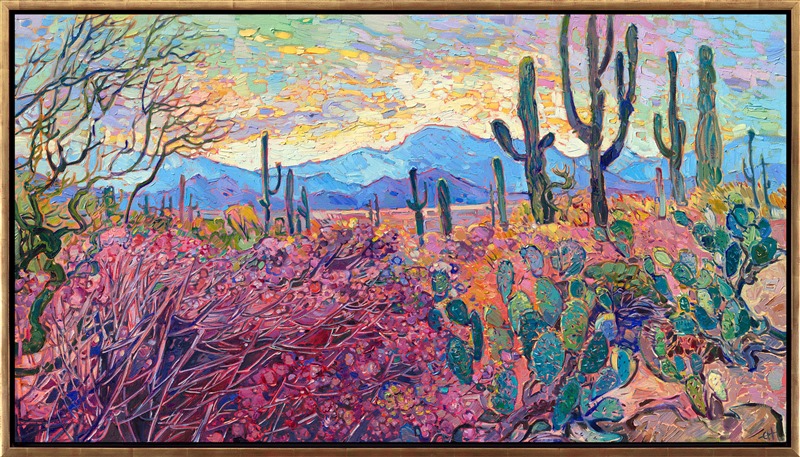 Saguaro National Park is one of my favorite places to visit in Arizona. The towering cacti, blooming scrub, and ocotillo are so beautiful in the early morning light. This painting captures my love for the desert with thick, impressionistic brushstrokes of oil paint that create a mosaic of texture and light across the canvas. In my Open Impressionist technique, I try not to overlap my brushstrokes, which keeps my paintings fresh and painterly.