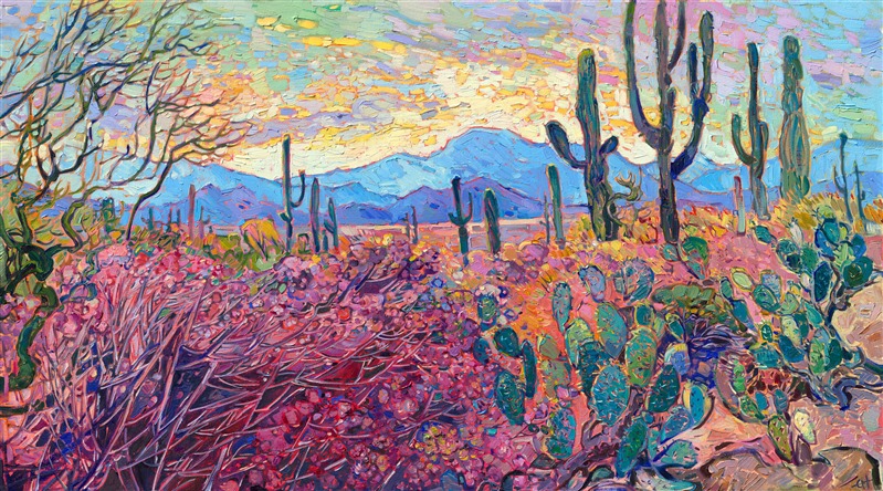 Saguaro National Park is one of my favorite places to visit in Arizona. The towering cacti, blooming scrub, and ocotillo are so beautiful in the early morning light. This painting captures my love for the desert with thick, impressionistic brushstrokes of oil paint that create a mosaic of texture and light across the canvas. In my Open Impressionist technique, I try not to overlap my brushstrokes, which keeps my paintings fresh and painterly.