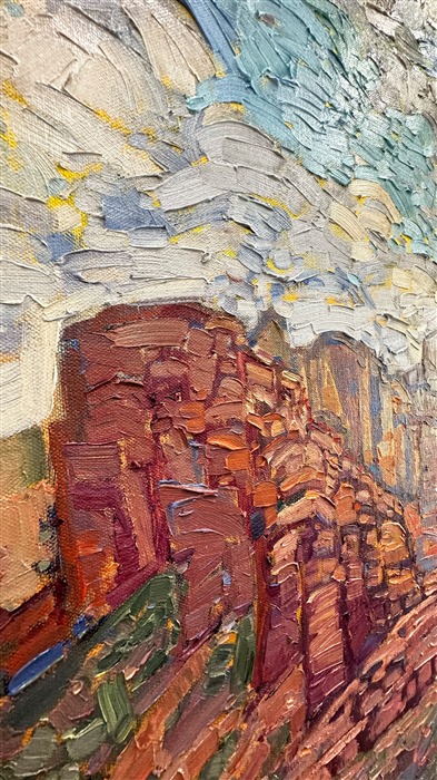 The beautiful red rock vista of Sedona stretches across the horizon, bathing the eyes in sun-drenched color.  The thickly applied brush strokes are loose and impressionistic, capturing the brisk feeling of standing on the edge of the butte and looking out across the valley.</p><p>This painting was created on 1-1/2" canvas, with the painting continued around the edges.  The piece has been framed in a carved gold open impressionist frame.</p><p>This painting exhibited in <a href="https://www.erinhanson.com/Event/redrock2018" target=_blank"><i>The Red Rock Show</i></a> in San Diego in the summer of 2018.  <a href="https://www.erinhanson.com/Portfolio?col=The_Red_Rock_Show_2018" target="_blank"><u>Click here</u></a> to view the other Red Rock paintings.