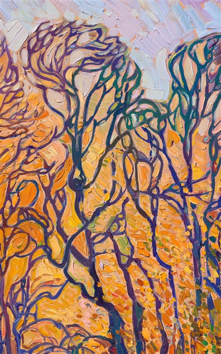 The sun sets behind enormous oak trees that grow along my property line in Oregon wine country. The creek bed reflects the shapes of their branches in the golden light of the setting sun. Thick brushstrokes of oil paint capture the colorful beauty of the scene.