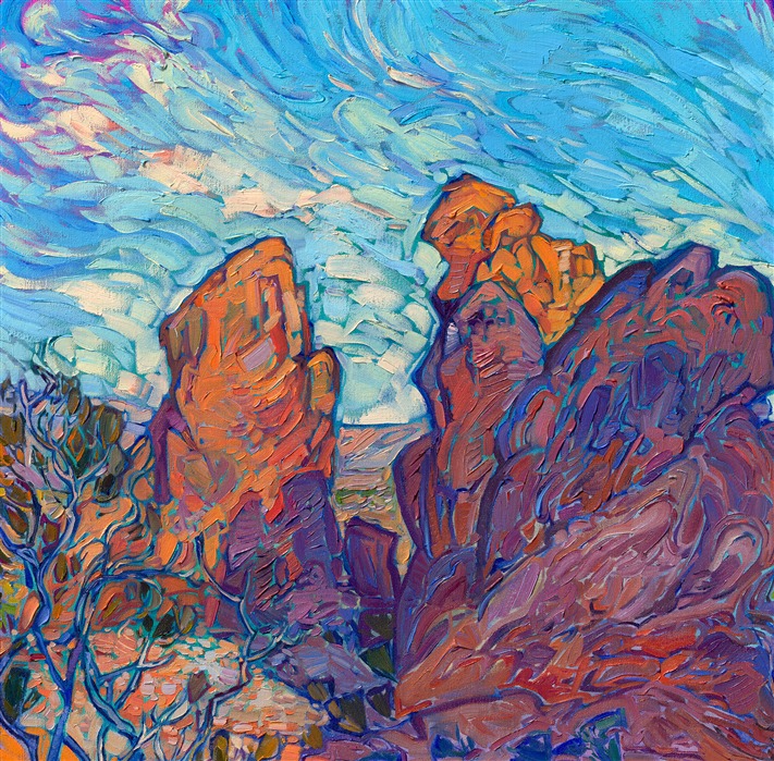 Valley of Fire State Park is one of my original stomping grounds when I was a rock climber living in Las Vegas and just starting out as a professional painter. I was drawn to the bold colors and strong compositional elements in the red rocks, and my favorite rock formation to paint is called the "Seven Sisters." This painting captures the striking play of light and shadow during the golden hour of dawn.