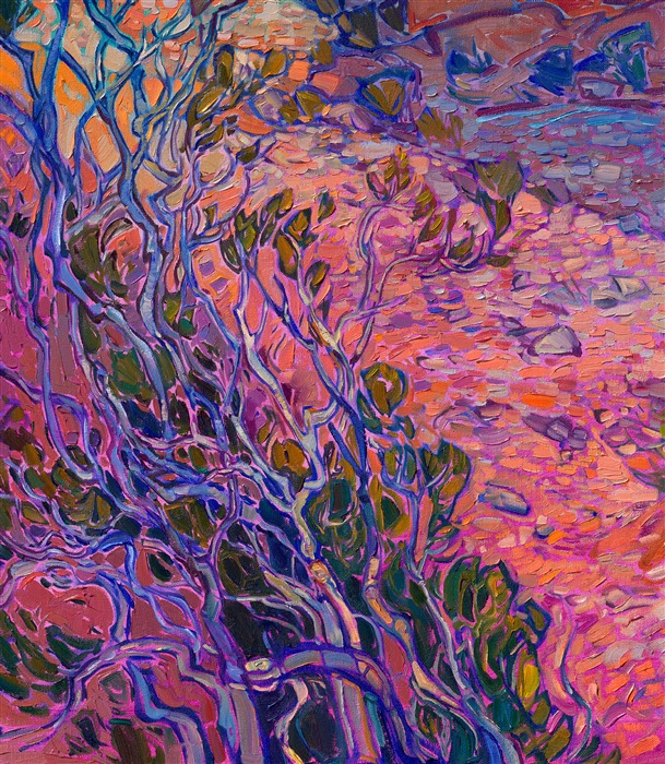 Valley of Fire State Park is one of my original stomping grounds when I was a rock climber living in Las Vegas and just starting out as a professional painter. I was drawn to the bold colors and strong compositional elements in the red rocks, and my favorite rock formation to paint is called the "Seven Sisters." This painting captures the striking play of light and shadow during the golden hour of dawn.