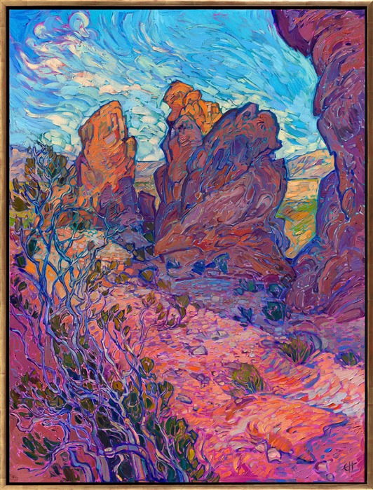 Valley of Fire State Park is one of my original stomping grounds when I was a rock climber living in Las Vegas and just starting out as a professional painter. I was drawn to the bold colors and strong compositional elements in the red rocks, and my favorite rock formation to paint is called the "Seven Sisters." This painting captures the striking play of light and shadow during the golden hour of dawn.