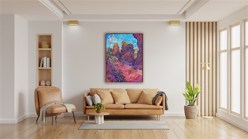 Valley of Fire State Park is one of my original stomping grounds when I was a rock climber living in Las Vegas and just starting out as a professional painter. I was drawn to the bold colors and strong compositional elements in the red rocks, and my favorite rock formation to paint is called the "Seven Sisters." This painting captures the striking play of light and shadow during the golden hour of dawn.