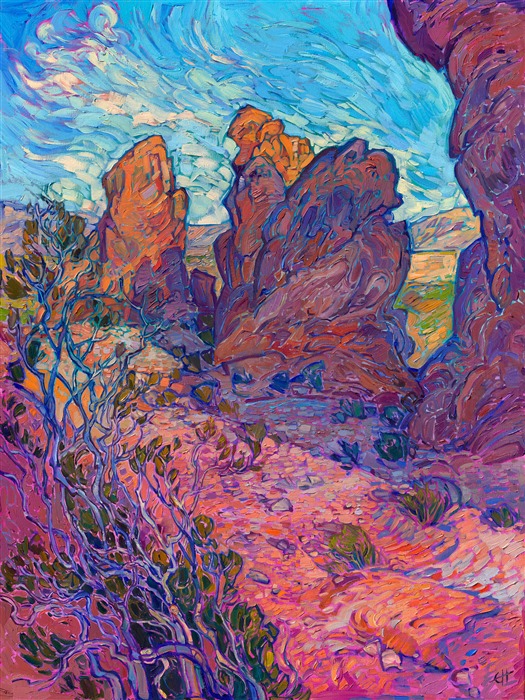 Valley of Fire State Park is one of my original stomping grounds when I was a rock climber living in Las Vegas and just starting out as a professional painter. I was drawn to the bold colors and strong compositional elements in the red rocks, and my favorite rock formation to paint is called the "Seven Sisters." This painting captures the striking play of light and shadow during the golden hour of dawn.