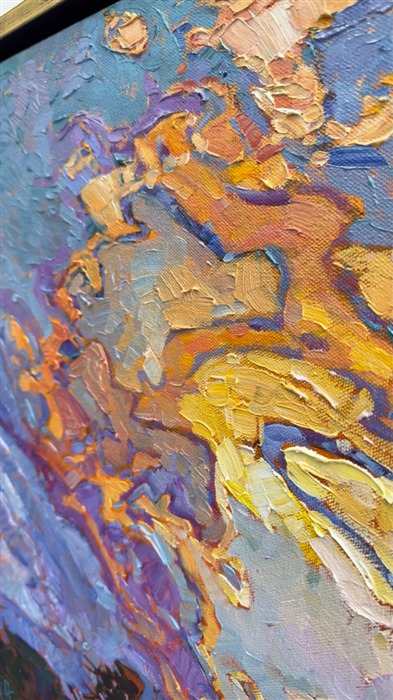 I can't pass up the opportunity to paint a dramatic skyscape when I have the chance!  This painting was inspired by my explorations this spring through Texas Hill Country.  The buttery yellow color of the sky was too tempting not to paint.  I like to use loose, impressionsitic brush strokes to convey the sense of time passing yet somehow magically held still for a moment in an oil painting.</p><p>This painting was done on 1-1/2" canvas, with the painting continuing around the edges.  The painting will be framed in a 23kt gold leaf floater frame to complement the colors in the piece.  It arrives wired and ready to hang.