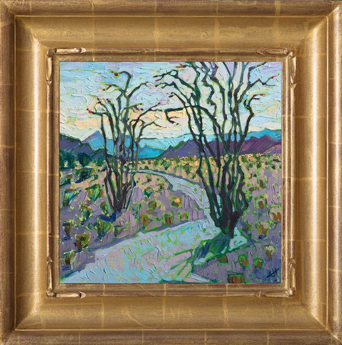Cool tones of pre-dawn perfectly capture the dramatic and somewhat surreal landscape of Big Bend National Park. Tall, lanky ocotillo cacti dot the landscape in every direction, creating abstract shapes with their bending stalks.</p><p>This painting will be on display at the Museum of the Big Bend, during the solo exhibition <i><a href="https://www.erinhanson.com/Event/MuseumoftheBigBend" target="_blank">Erin Hanson: Impressions of Big Bend Country.</a></i> This painting will be ready to ship after January 10th, 2019. <a href="https://www.erinhanson.com/Portfolio?col=Big_Bend_Museum_Show_2018">Click here</a> to view the collection.</p><p>This painting has been framed in a custom-made gold frame. The painting arrives ready to hang.
